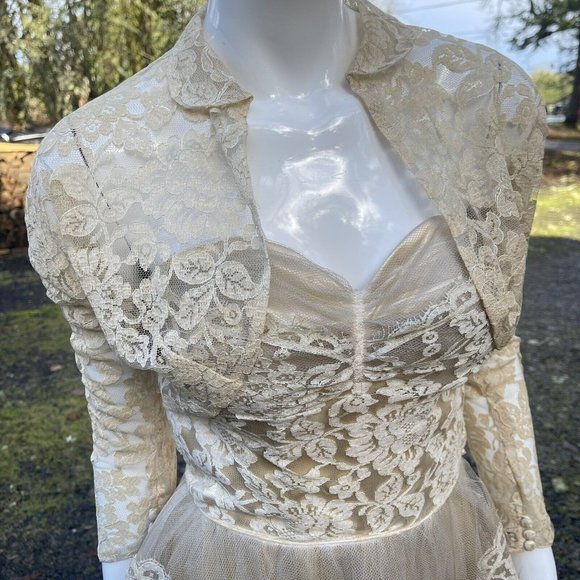 Vintage 1950’s Champagne Tulle Wedding Dress Shelf Bust Lace Bolero XXS - Picture 6 of 7